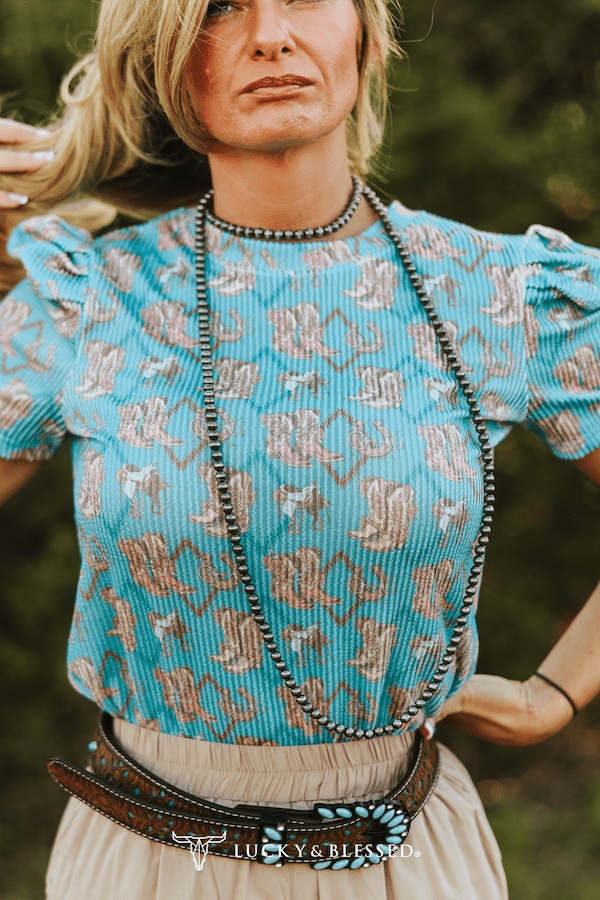 Turquoise Boots Printed Puff Short Sleeve Top