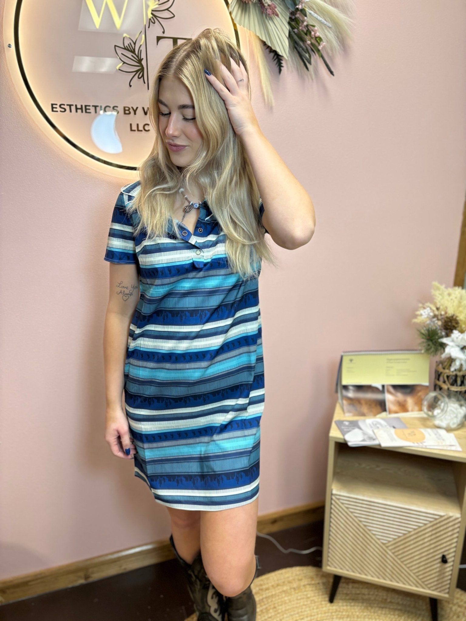 Western Blue Serape Printed Collared Dress W Pockets
