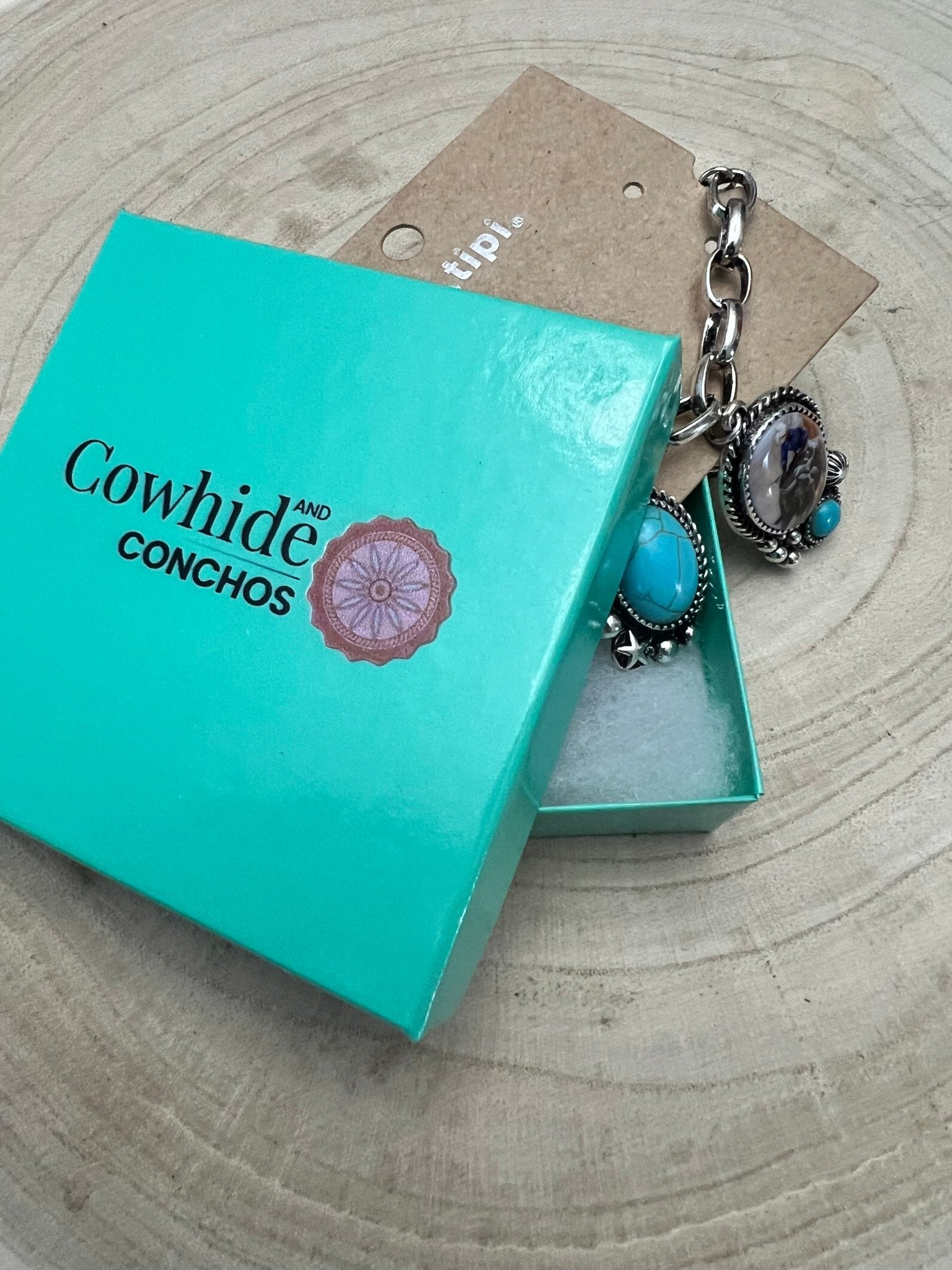 Western Theme Scene and Faux Turquoise Charm Bracelet