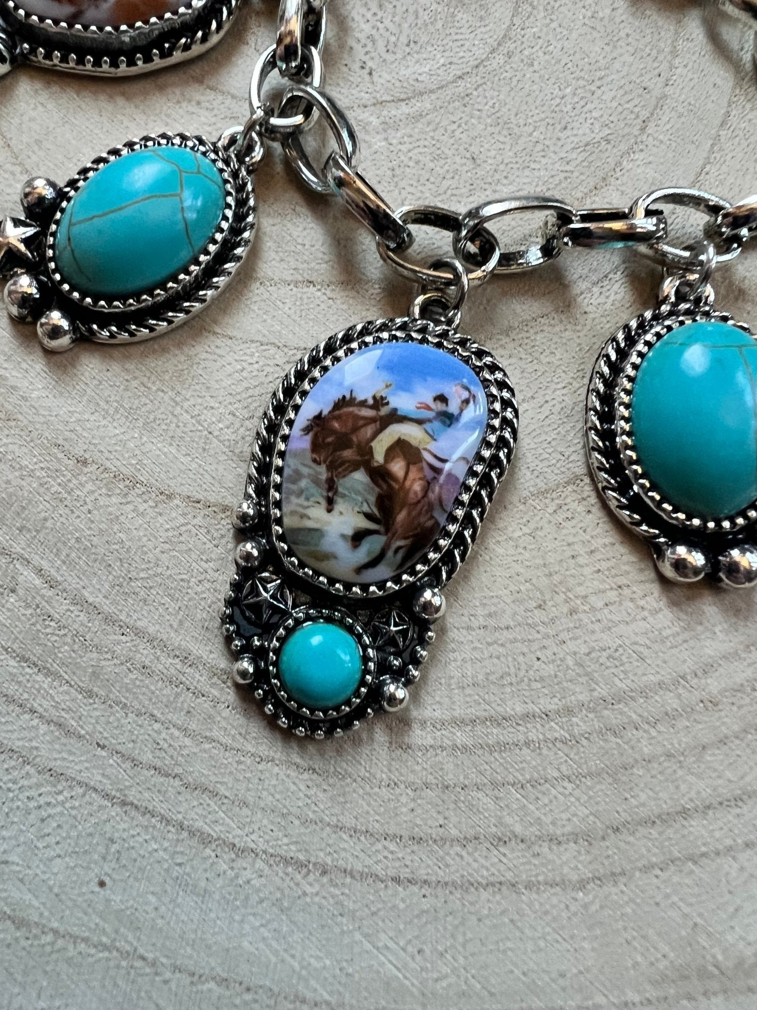 Western Theme Scene and Faux Turquoise Charm Bracelet