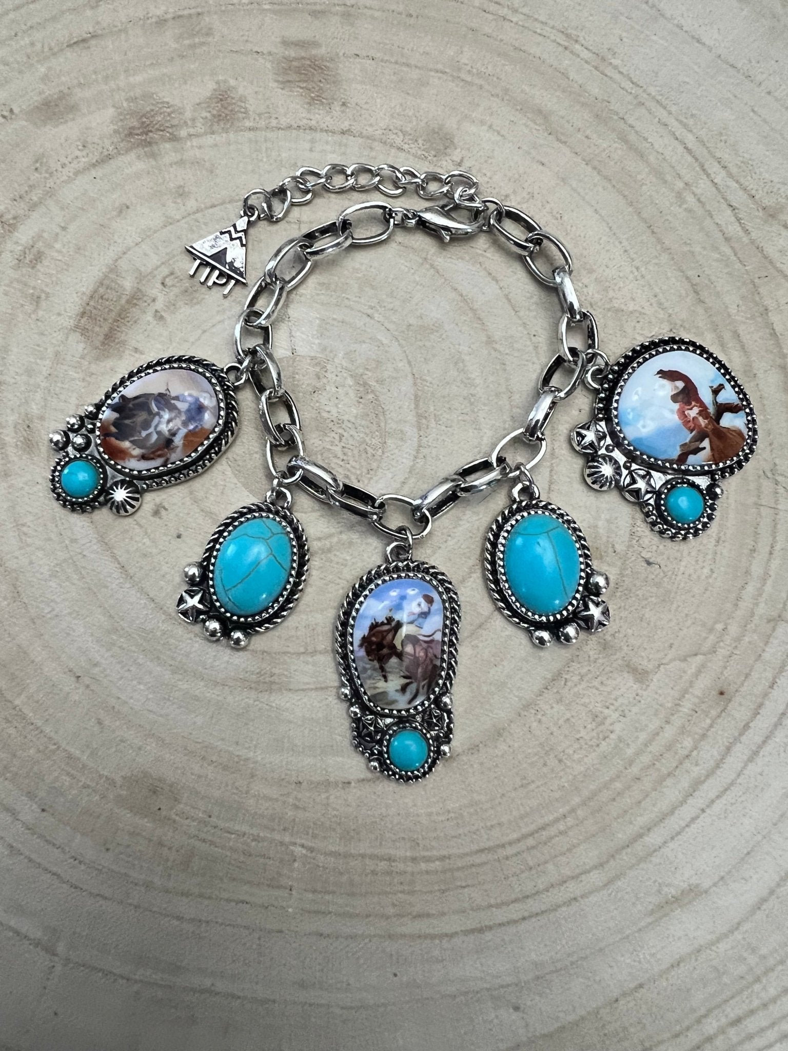 Western Theme Scene and Faux Turquoise Charm Bracelet
